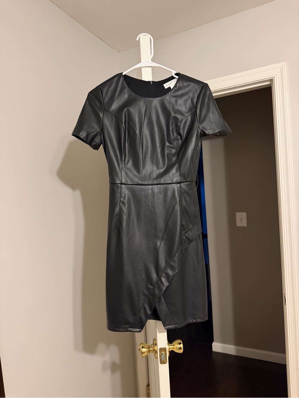 Planet Gold Black Faux Leather Short Sleeve Sheath Dress